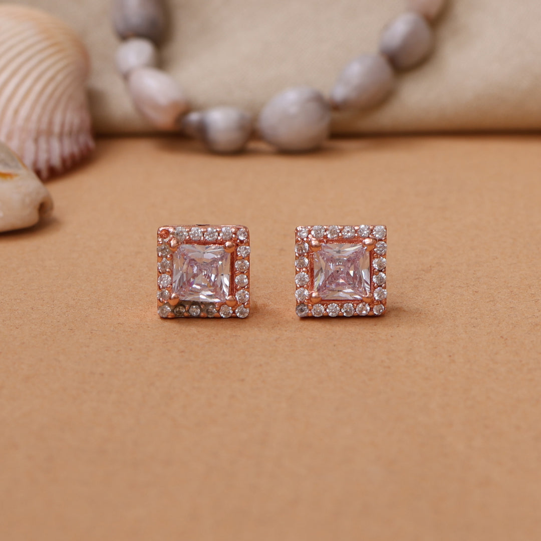 Rose Gold Square Stud Earrings with Cubic Zirconia | Women's Jewelry