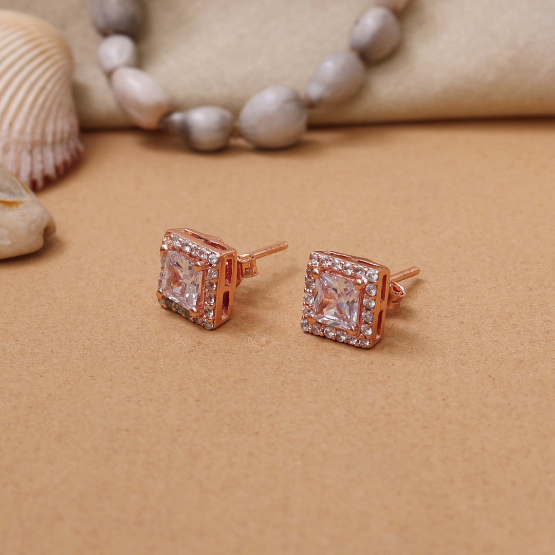 Rose Gold Square Stud Earrings with Cubic Zirconia | Women's Jewelry