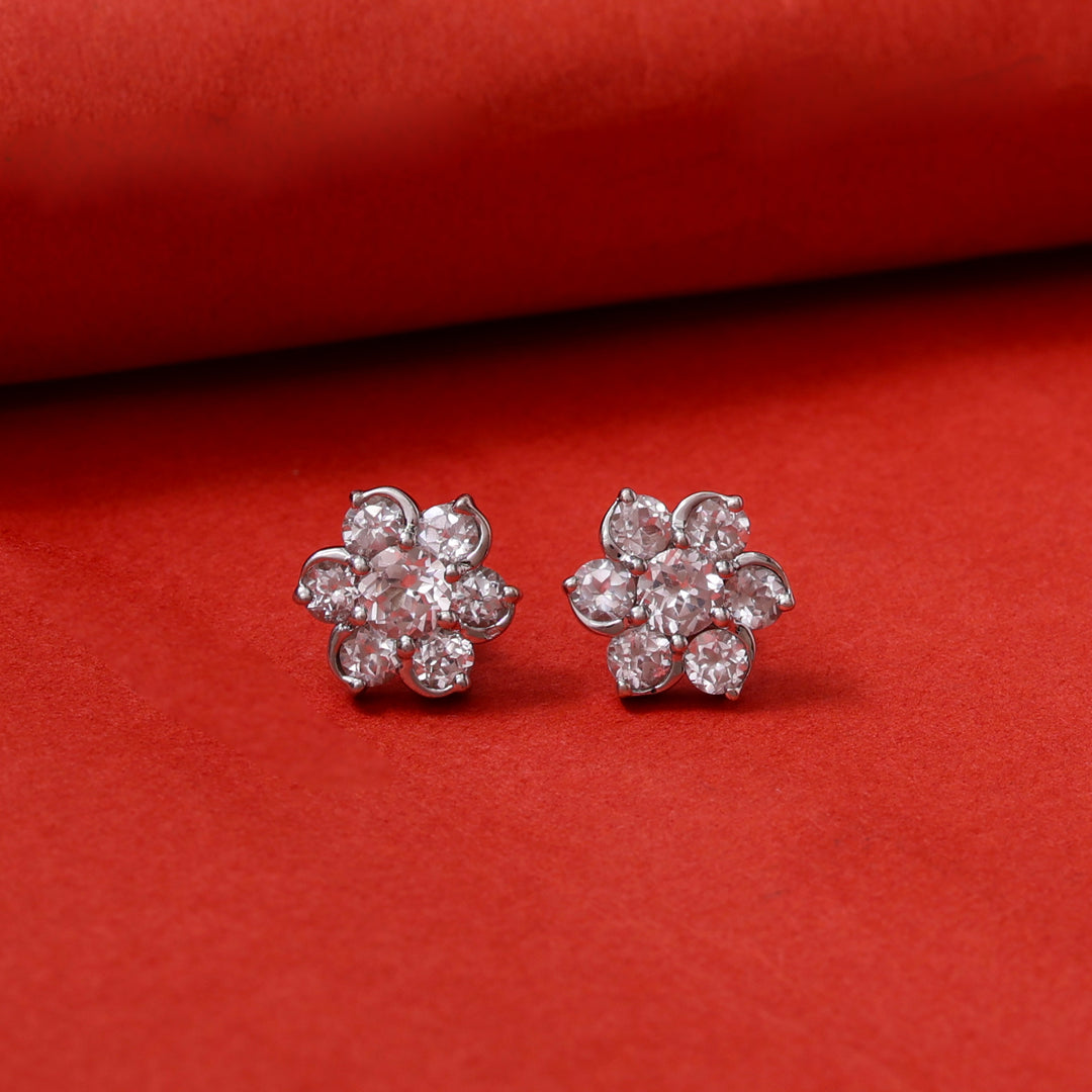 Silver Flower Stud Earrings | Cubic Zirconia | Daily Wear