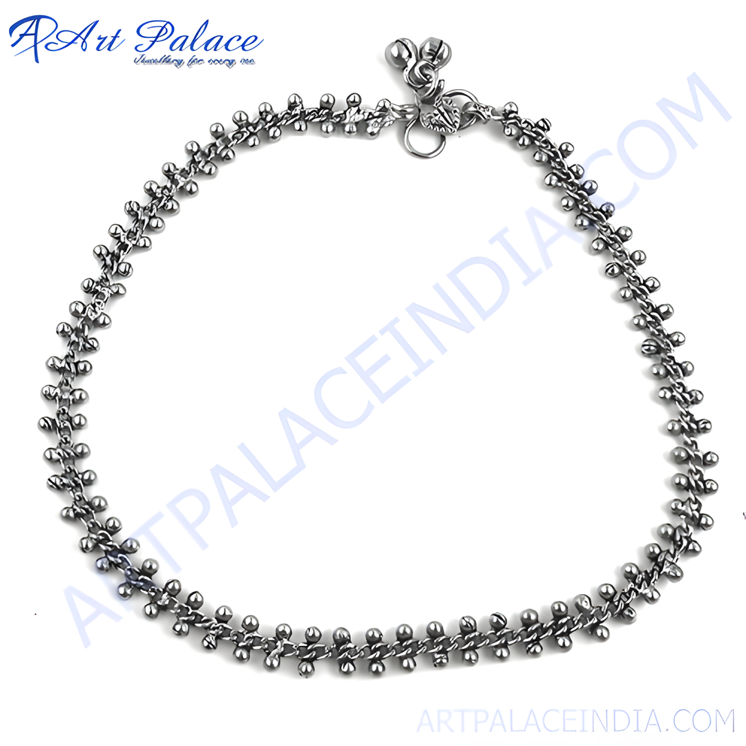 Oxidized silver chain anklet with delicate details for women. Bohemian style ankle bracelet.