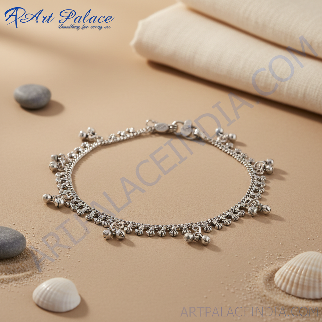 925 sterling silver anklet with delicate chain and charm details on white background