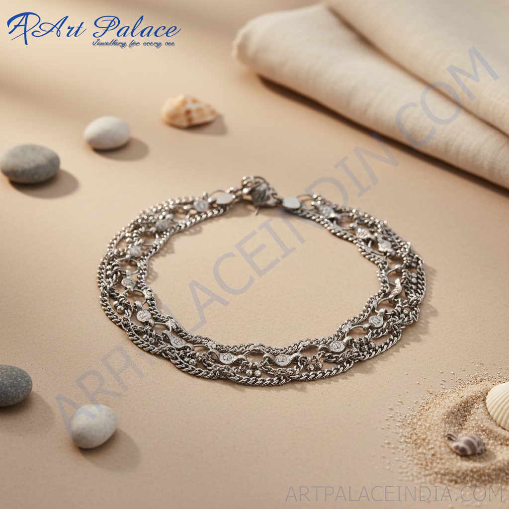 Silver multi-layer chain anklet on a white background, perfect for daily wear.
