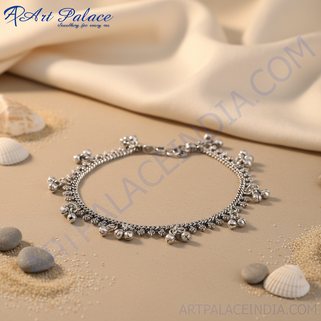 925 sterling silver anklet with delicate chain and dangling bells, a perfect piece of indian bridal jewelry