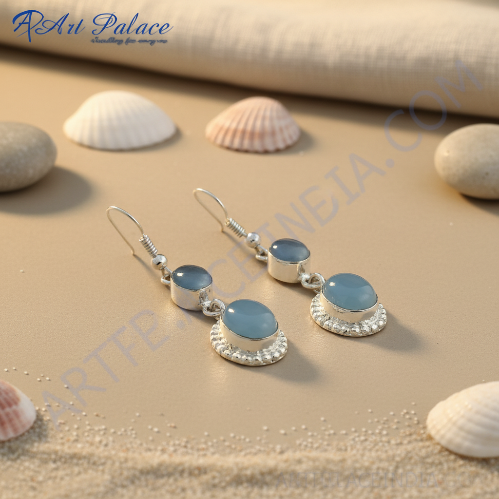 925 sterling silver drop earrings with oval blue chalcedony gemstones.