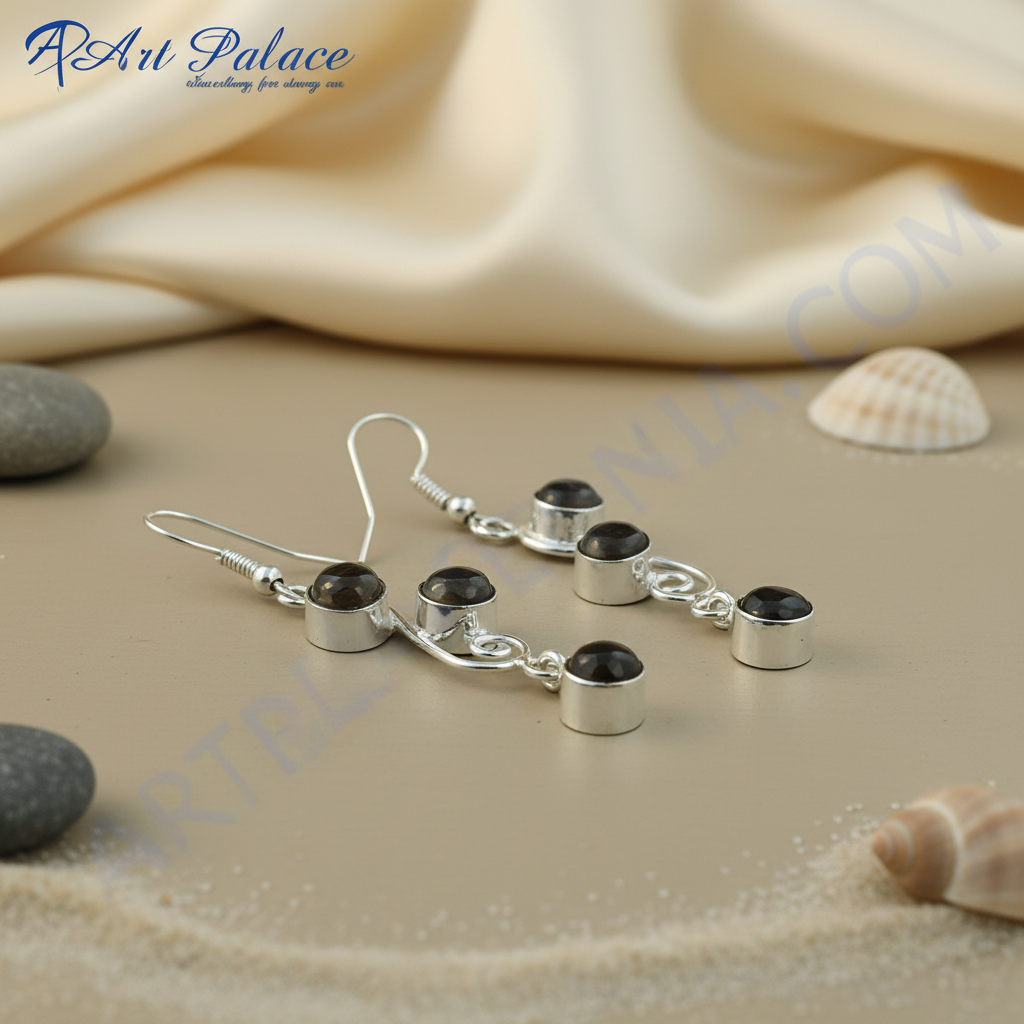 925 sterling silver dangle earrings with round black onyx gemstones