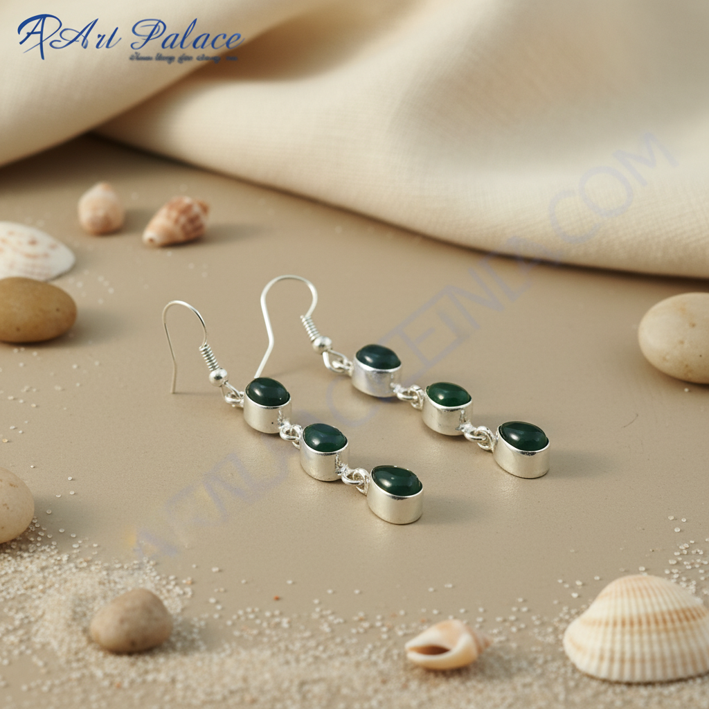 925 sterling silver drop earrings with three green teardrop-shaped gemstones for women