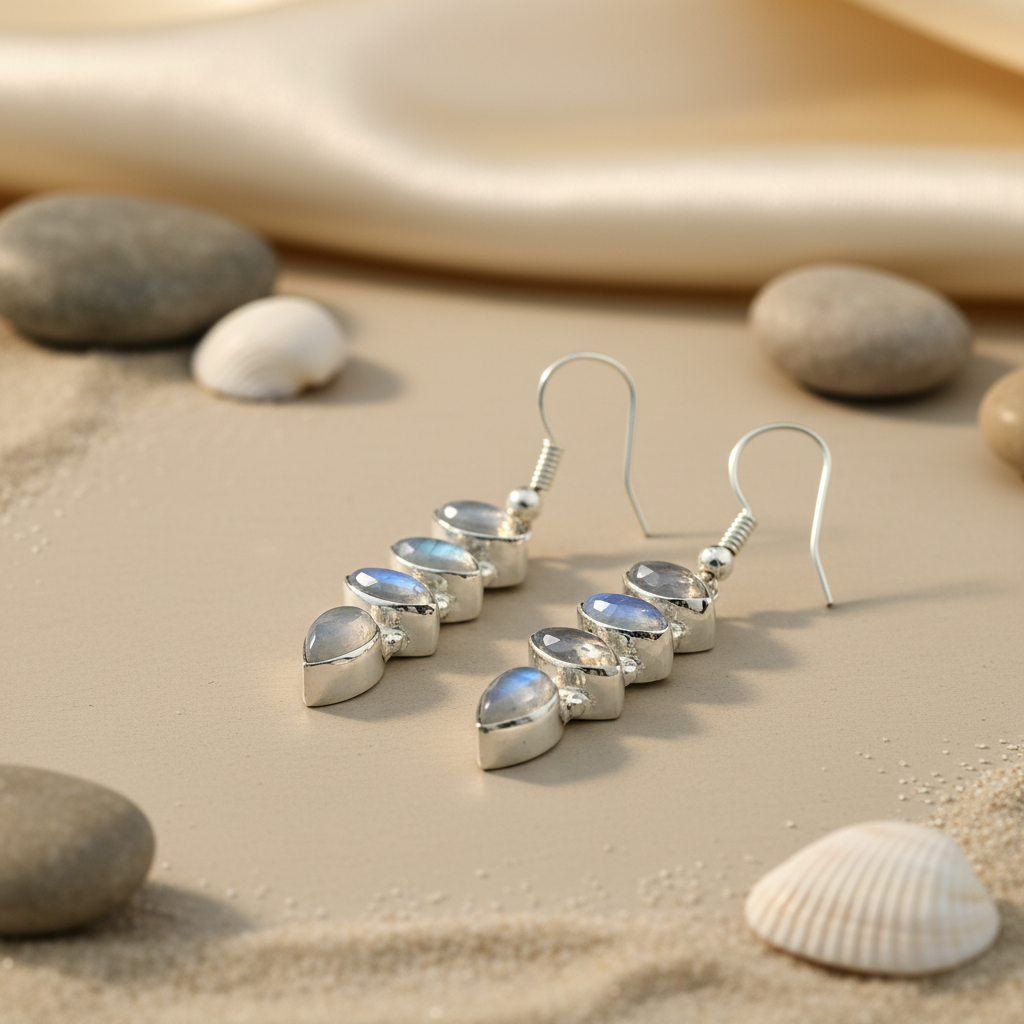 Sterling silver dangle earrings featuring multiple blue moonstone gemstones.