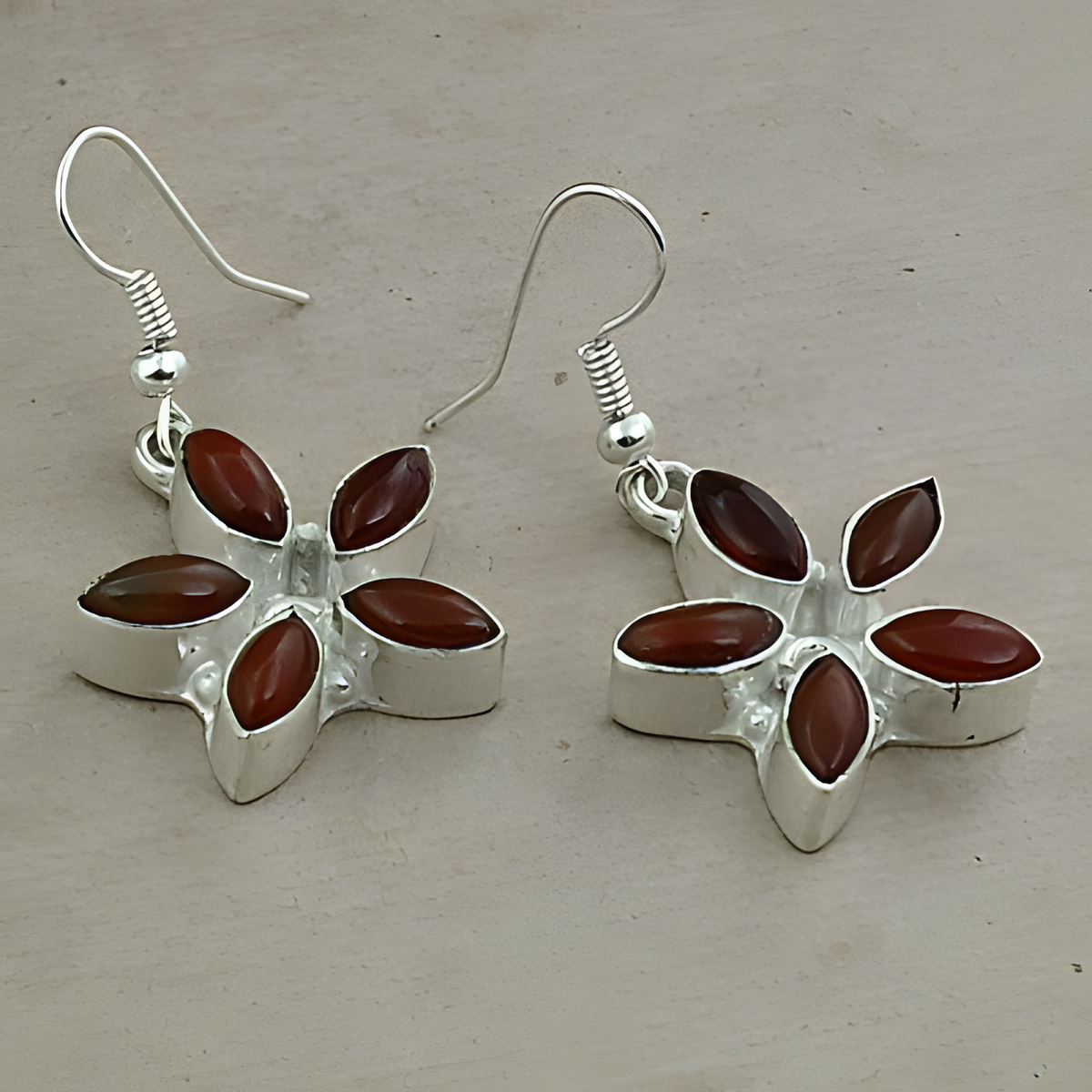 925 silver flower earrings with five red carnelian gemstone petals, elegant dangle earrings
