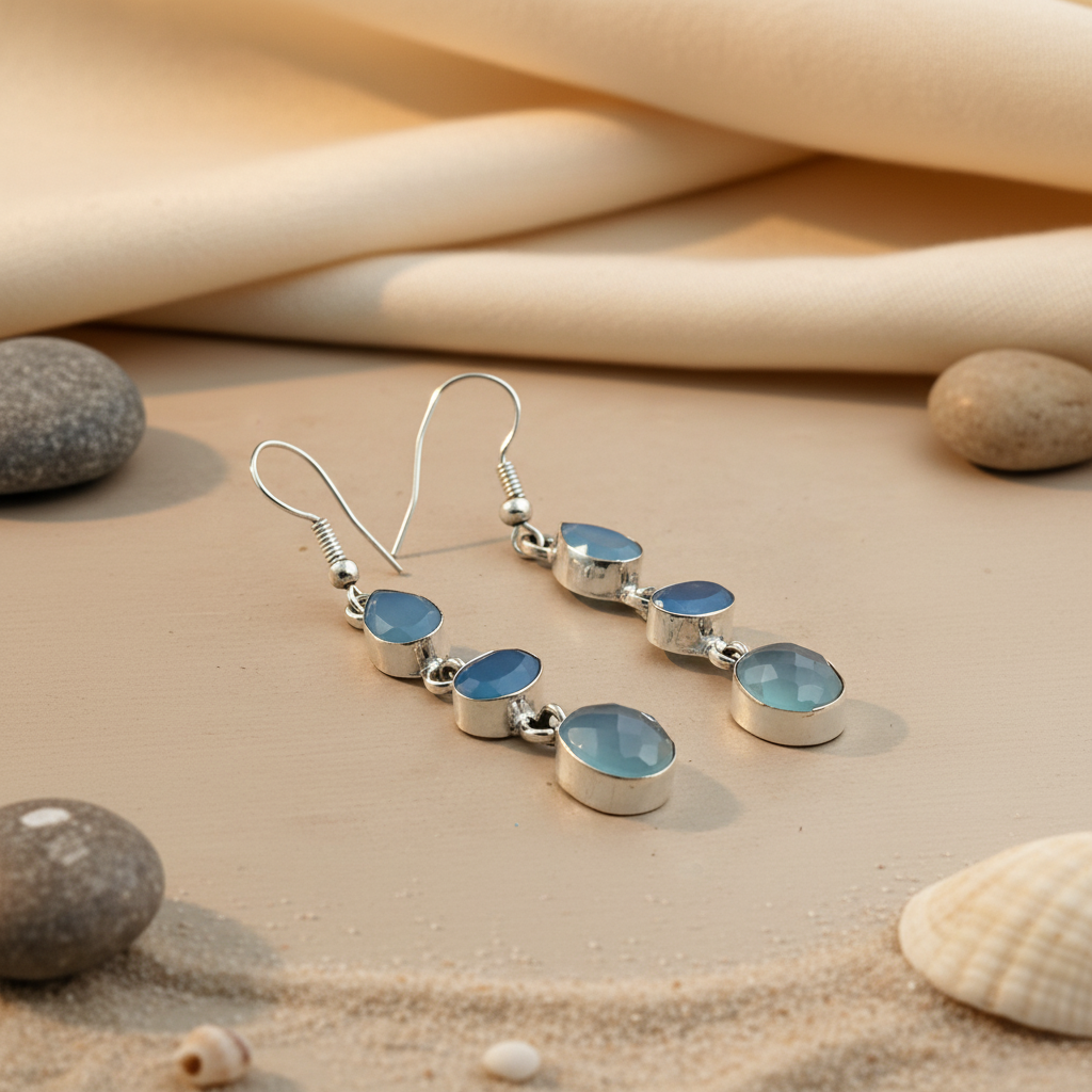 925 silver drop earrings with multiple blue chalcedony gemstones, elegant dangle design