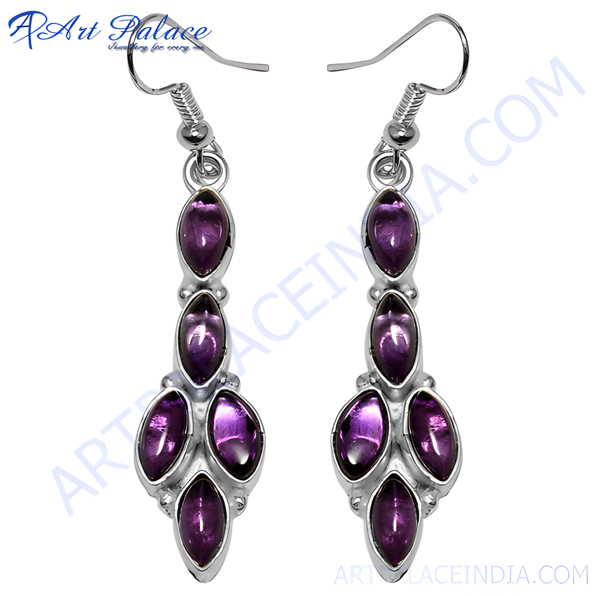 Sterling silver drop earrings featuring multiple oval cut purple amethyst gemstones, a classic elegant design