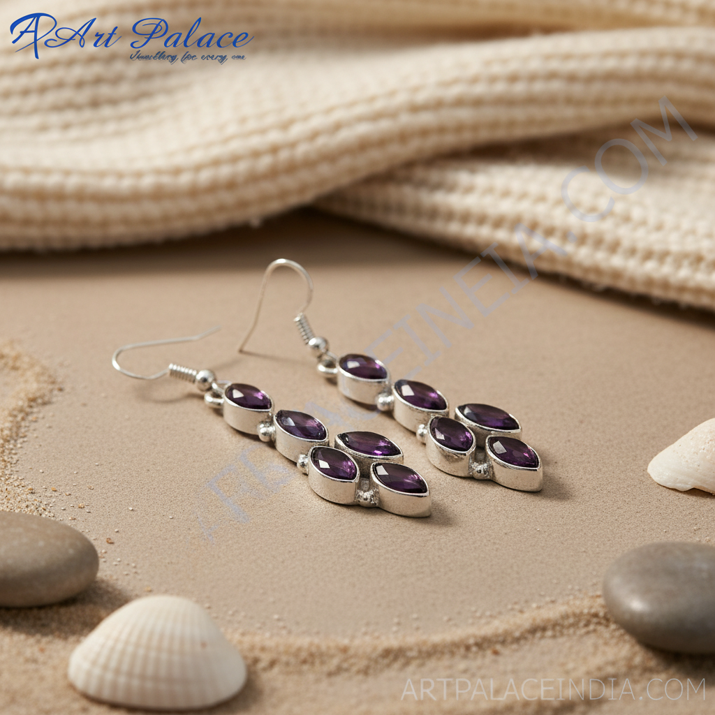 Sterling silver drop earrings featuring multiple oval-cut purple amethyst gemstones, a classic elegant design