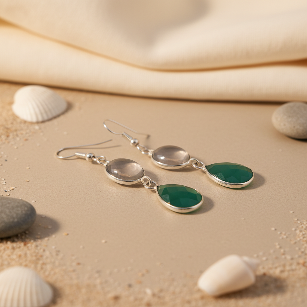 925 sterling silver drop earrings with light grey oval stone and green agate teardrop gemstones.