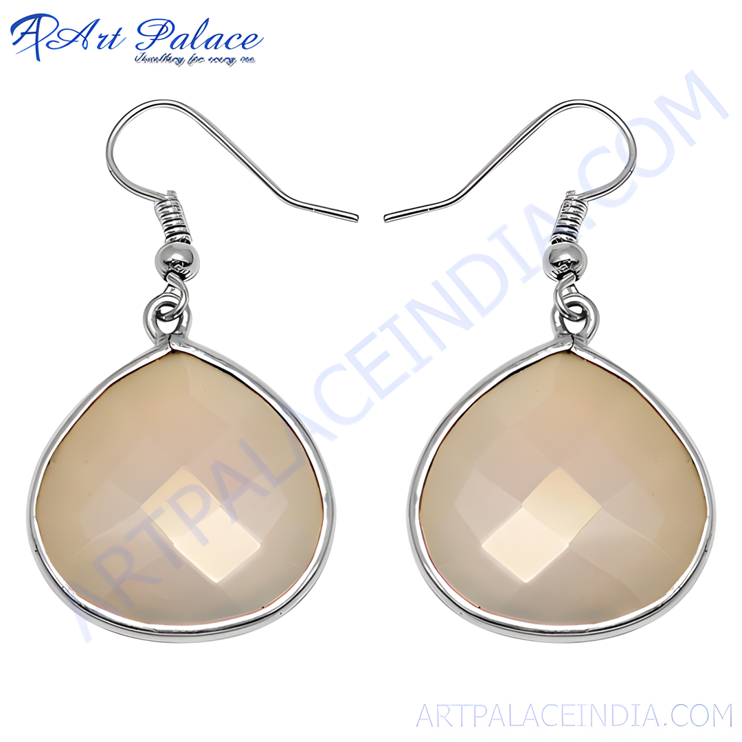 Silver Teardrop Earrings with Beige Gemstone | Women's Jewelry