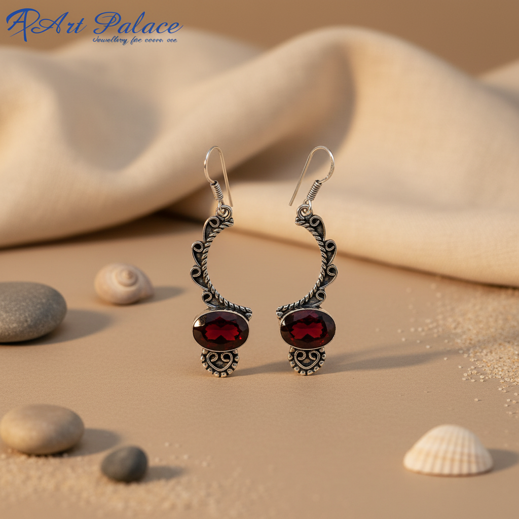 925 sterling silver drop earrings with oval cut red garnet gemstones