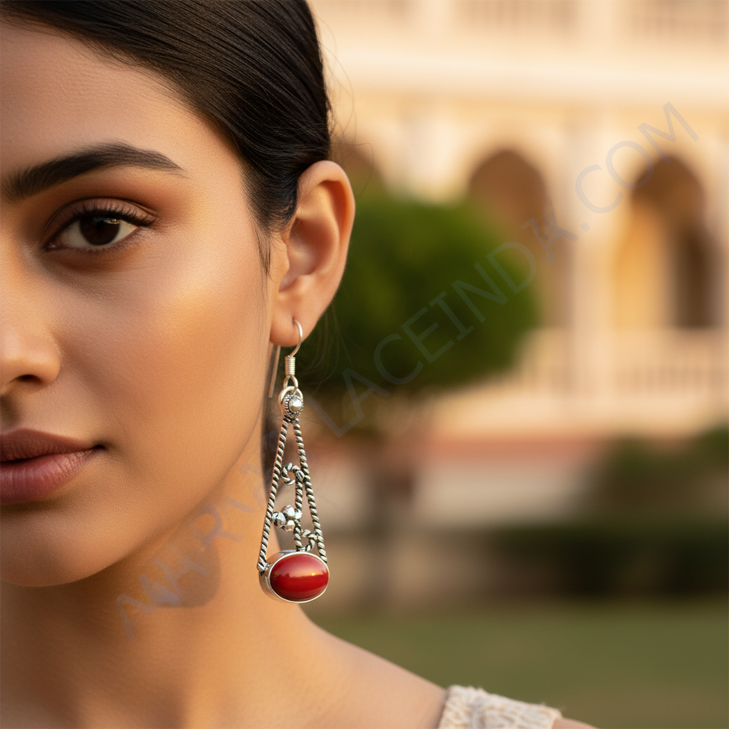 925 Silver Red Coral Drop Earrings for Women | Dangle Earrings