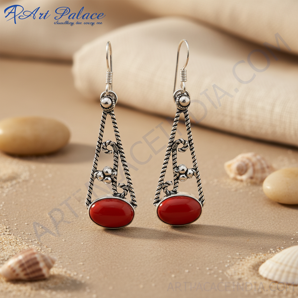 925 sterling silver drop earrings with oval red coral gemstones