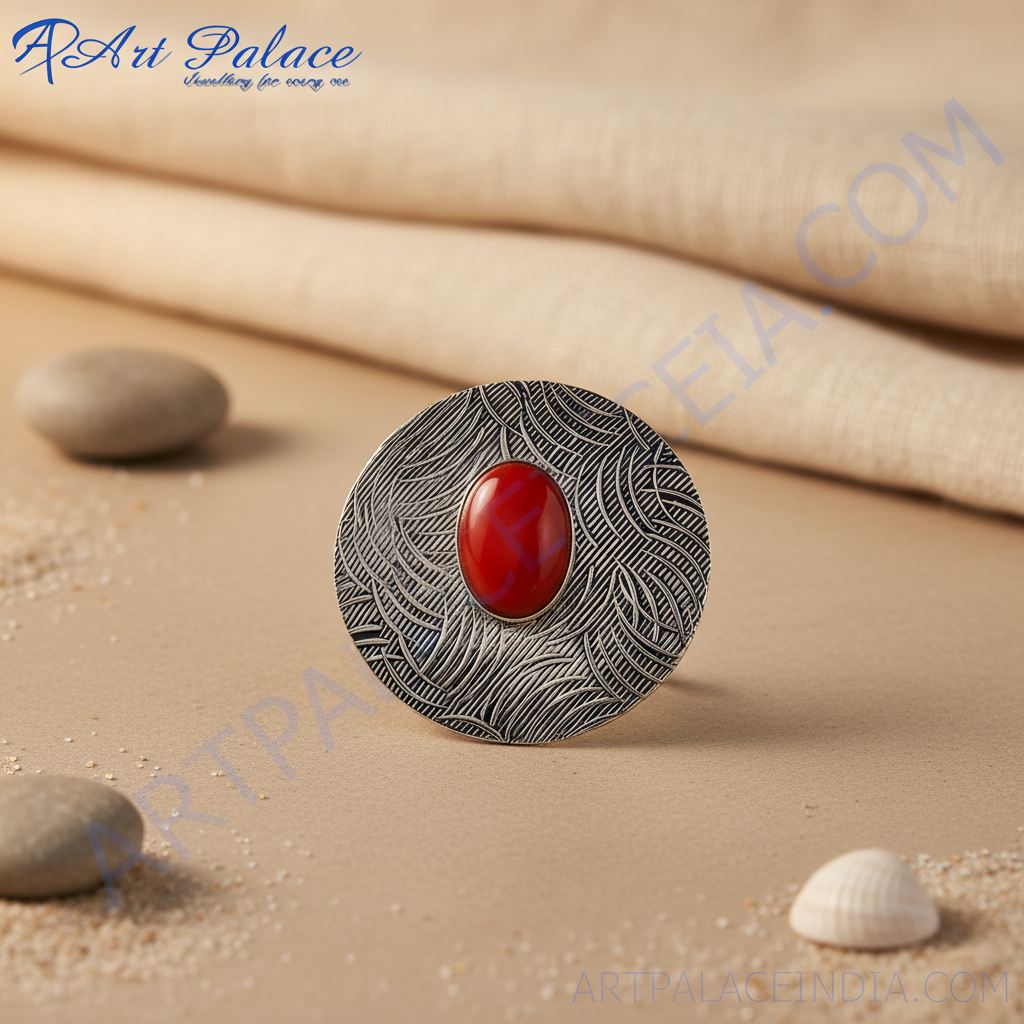 Silver stud earrings with a red oval gemstone center, featuring an intricate silver pattern