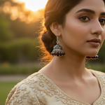 Load image into Gallery viewer, Silver Jhumka Earrings with Red Beads | Indian Ethnic Jewelry
