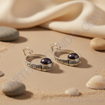 Load image into Gallery viewer, 925 sterling silver oval earrings with black pearl and floral design
