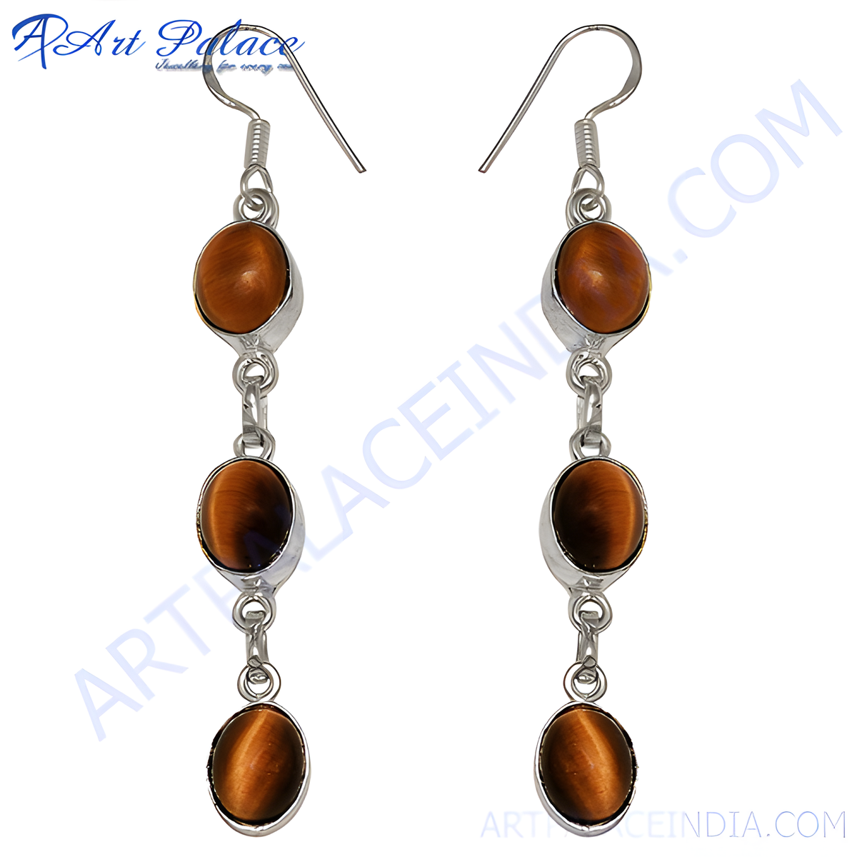 925 sterling silver drop earrings with three oval shaped tiger eye gemstones in a silver setting