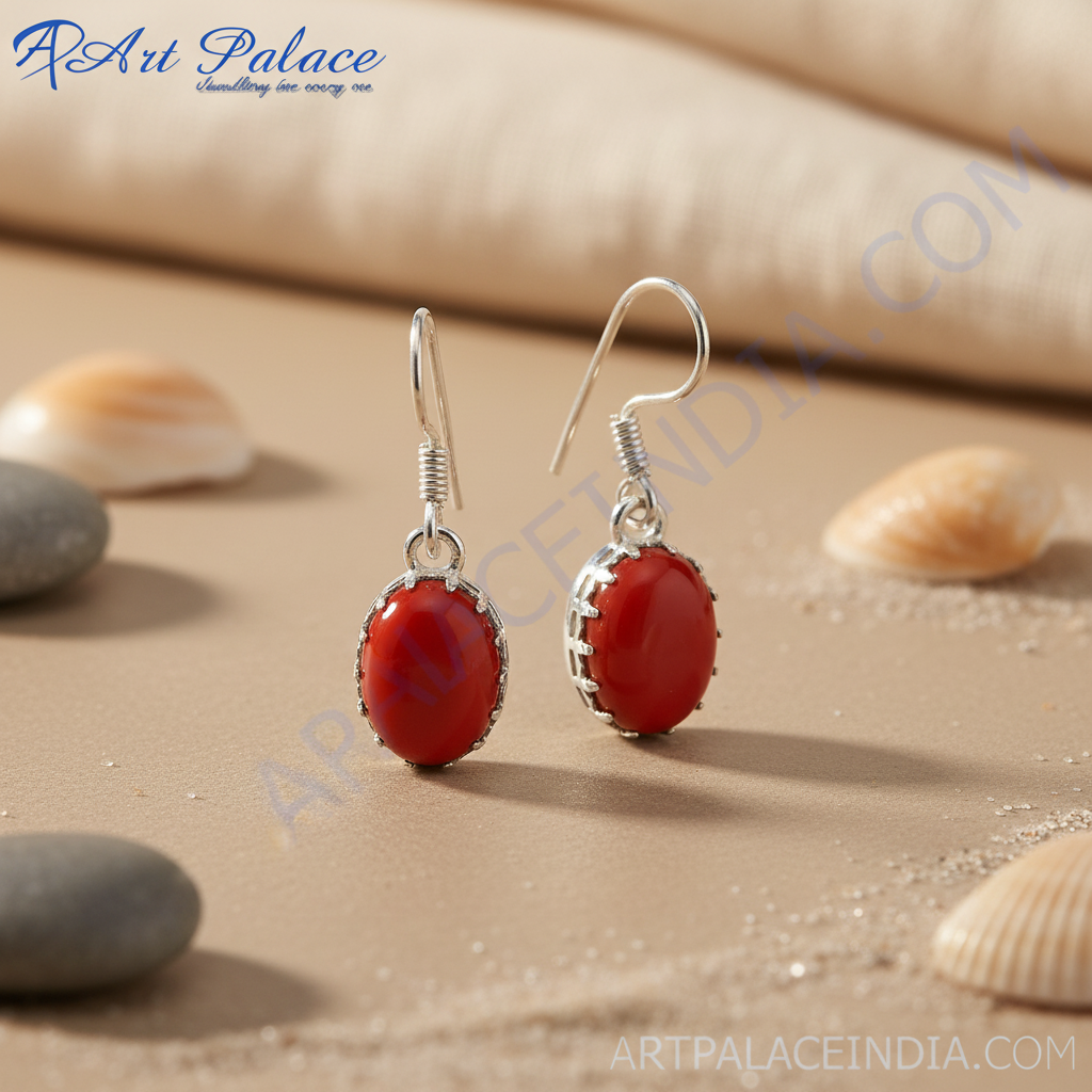925 sterling silver dangle earrings with oval shaped red coral gemstones