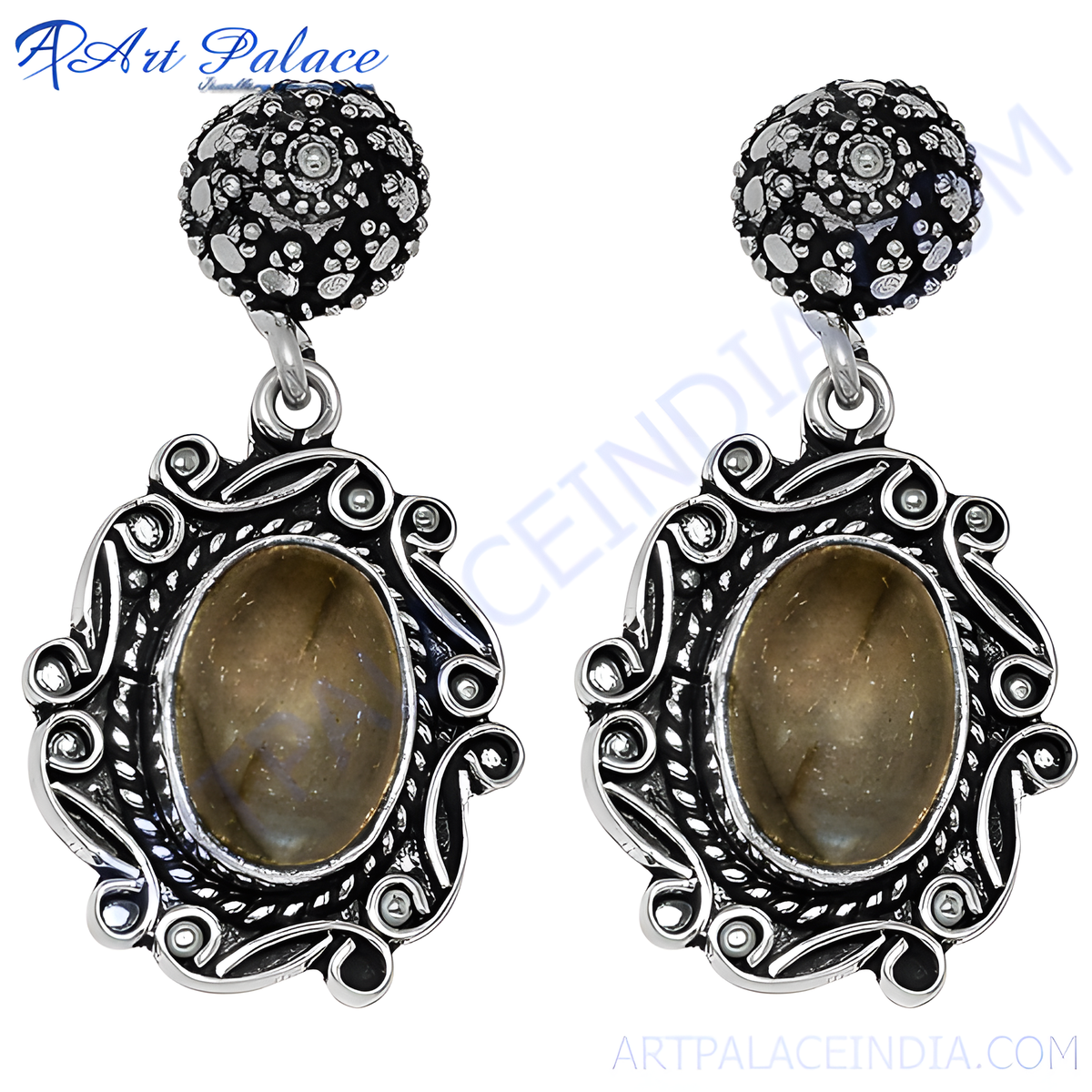 925 sterling silver dangle earrings featuring oval labradorite gemstones in a decorative setting