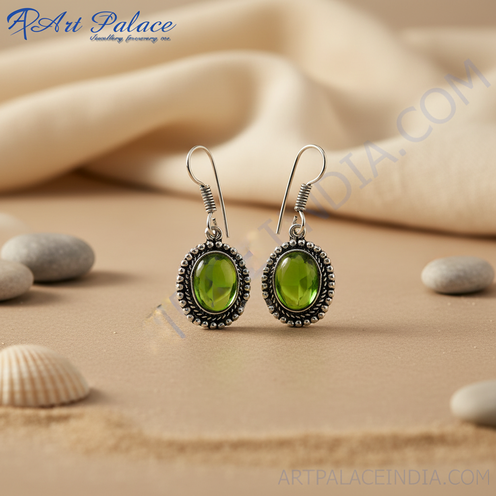 925 sterling silver dangle earrings with oval shaped green gemstone for women