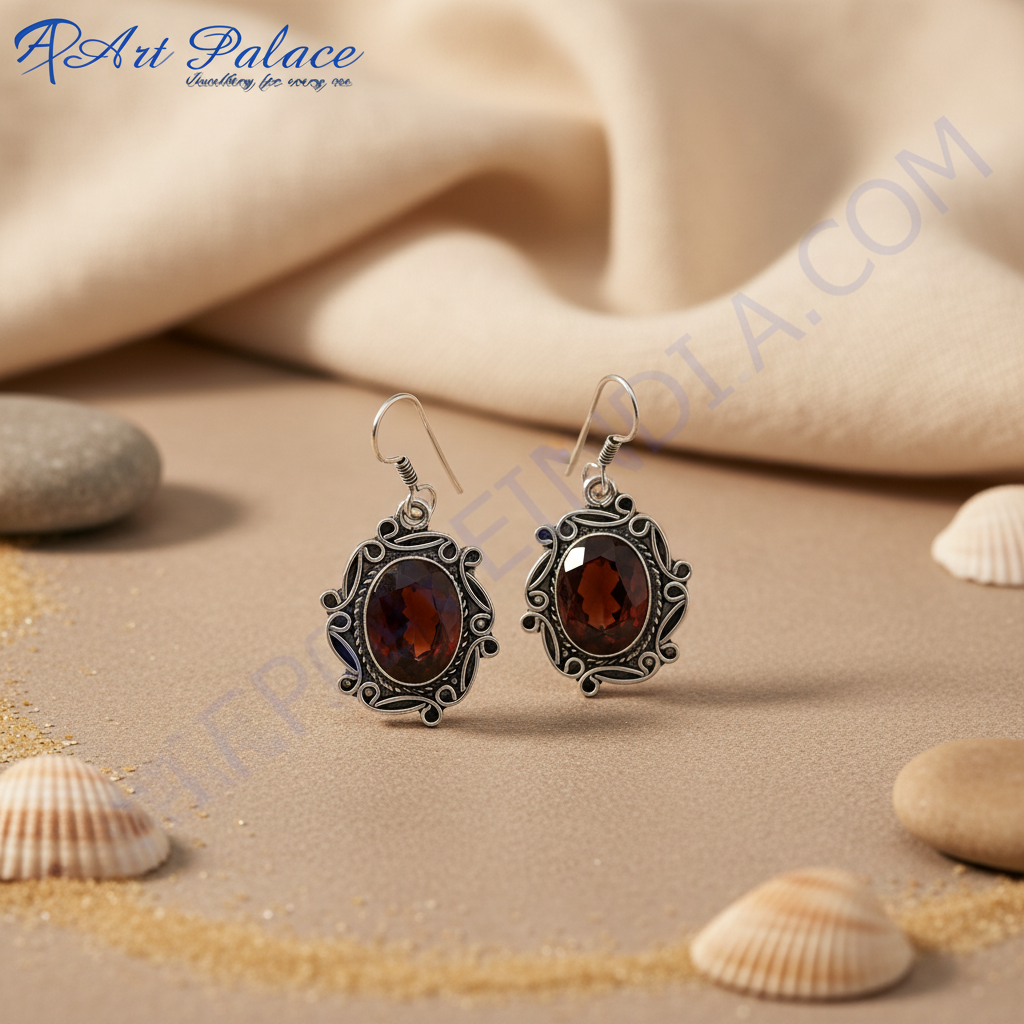 925 sterling silver drop earrings with oval red garnet gemstones.