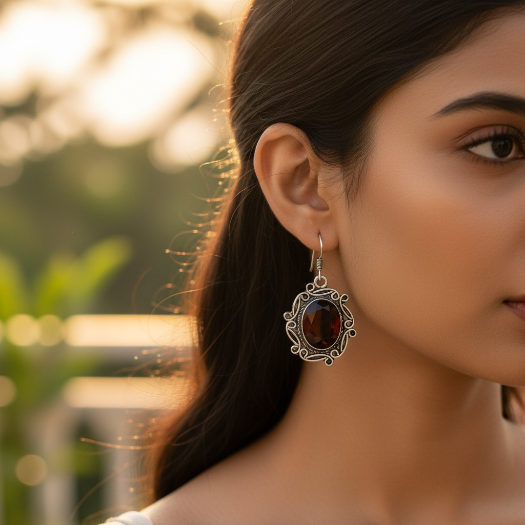 925 Silver Garnet Drop Earrings for Women | Gemstone Jewelry