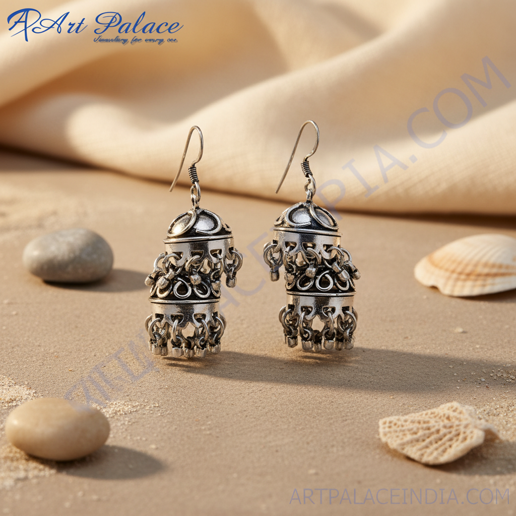 925 Sterling silver oxidized dangle earrings for women with intricate detailing, silver