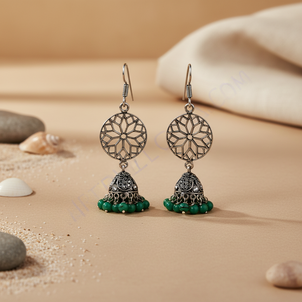 925 sterling silver dangle earrings with filigree design and green beads