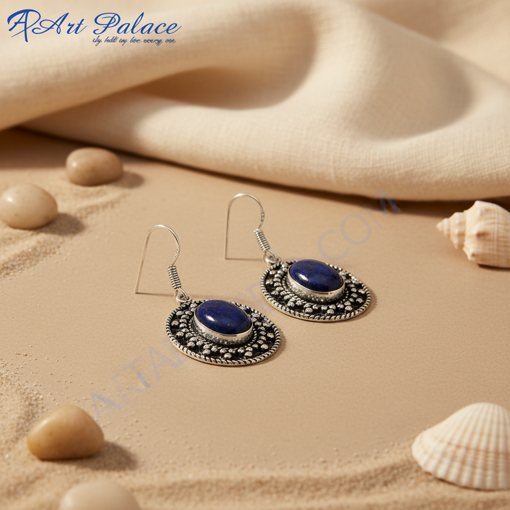 925 sterling silver dangle earrings with oval-shaped blue lapis lazuli gemstones for women.