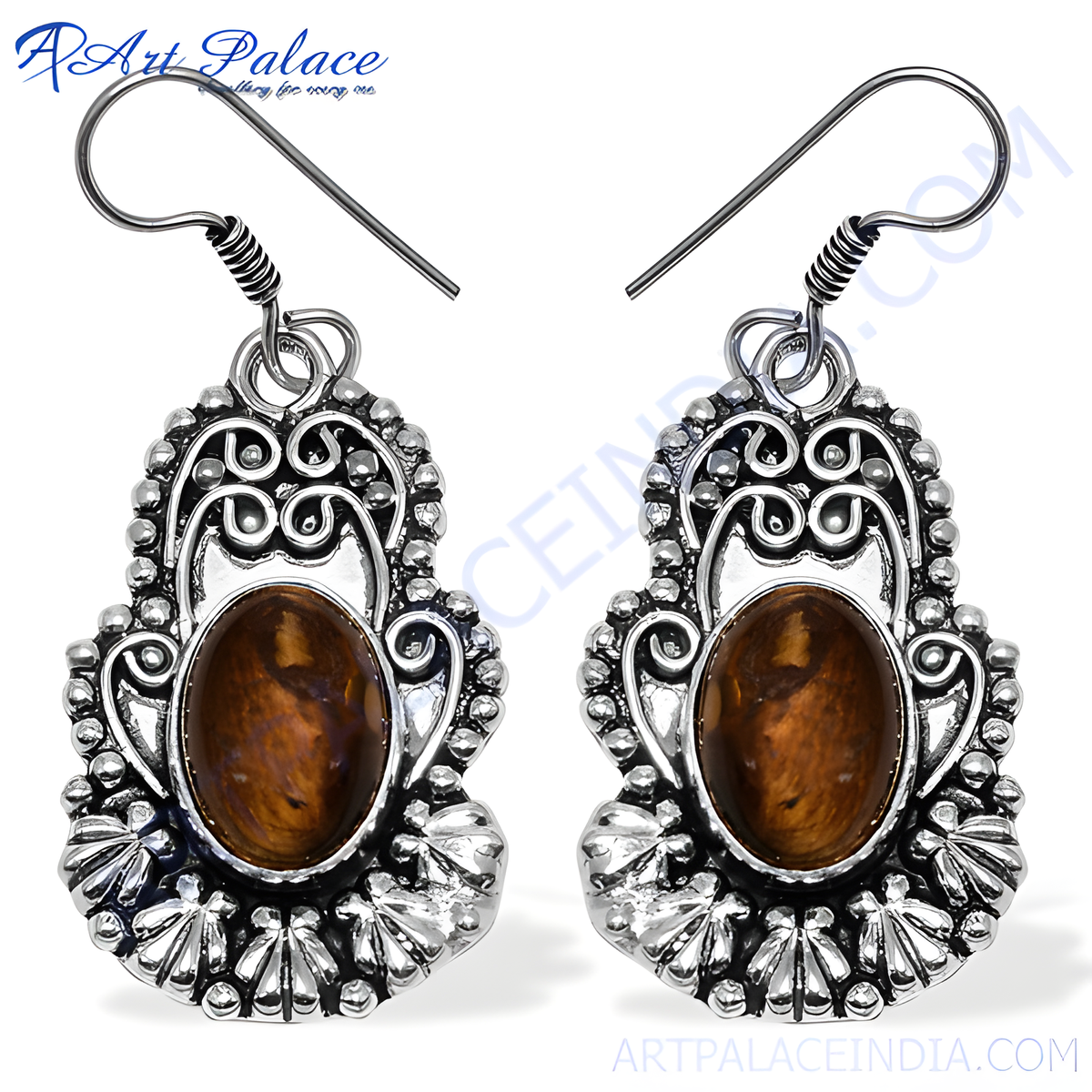925 sterling silver dangle earrings with oval tiger eye gemstone center, detailed openwork design, for women