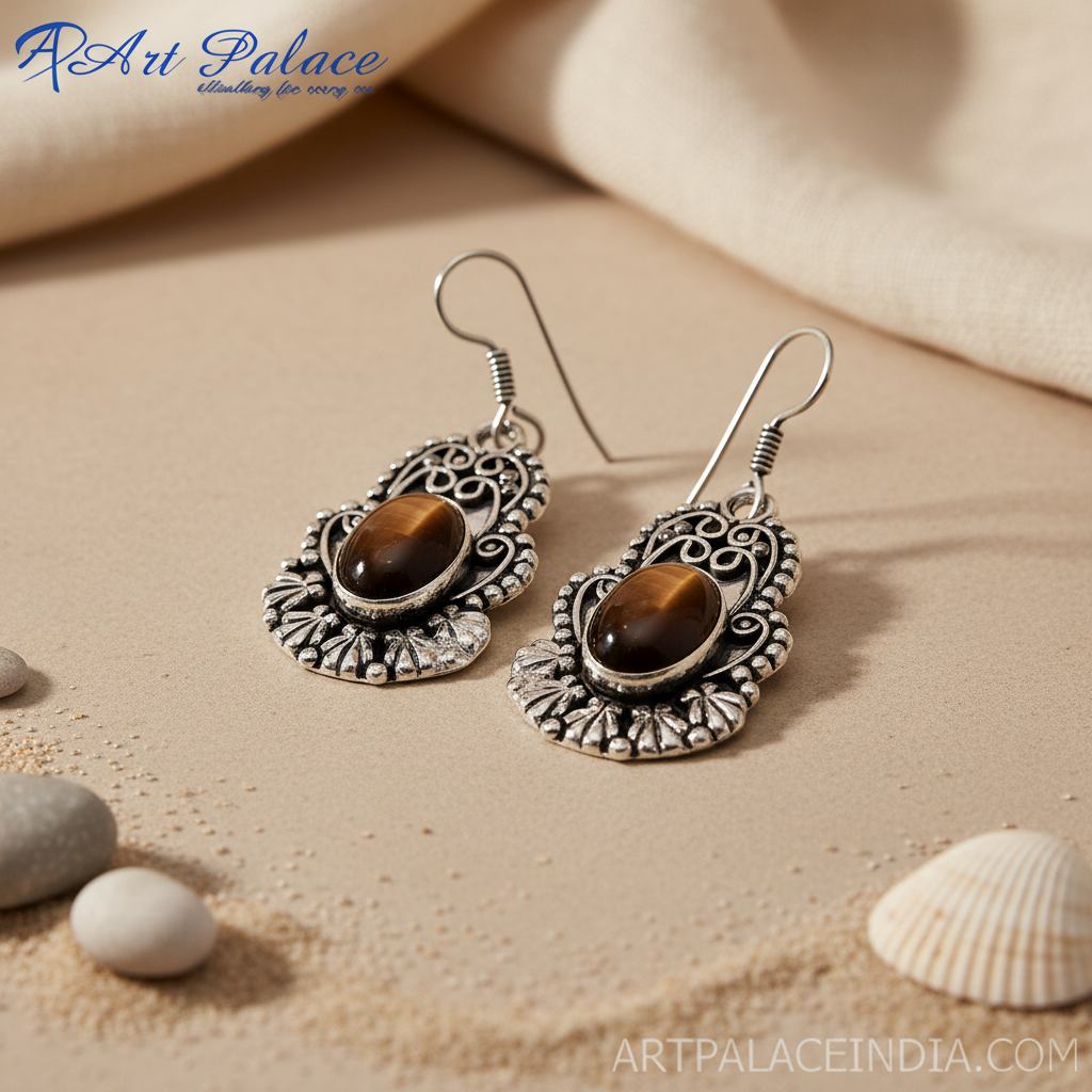 925 sterling silver dangle earrings with oval tiger eye gemstone center, detailed openwork design, for women.