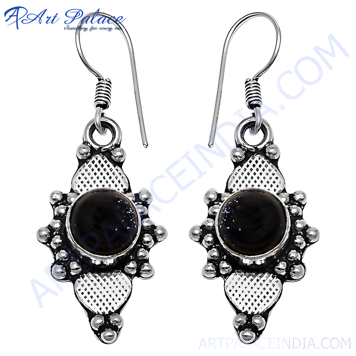 925 sterling silver dangle earrings featuring a round black onyx gemstone set in an ornate design
