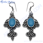 Load image into Gallery viewer, 925 sterling silver drop earrings with oval blue gemstones and intricate detailing
