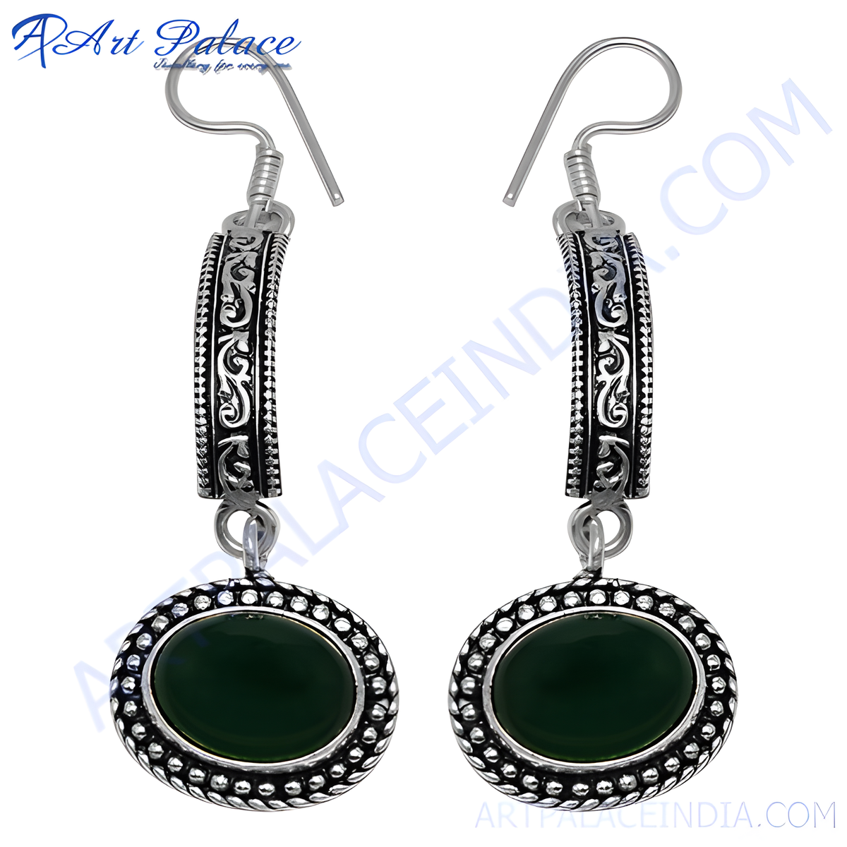 Sterling silver drop earrings featuring oval green onyx gemstones, perfect for any occasion