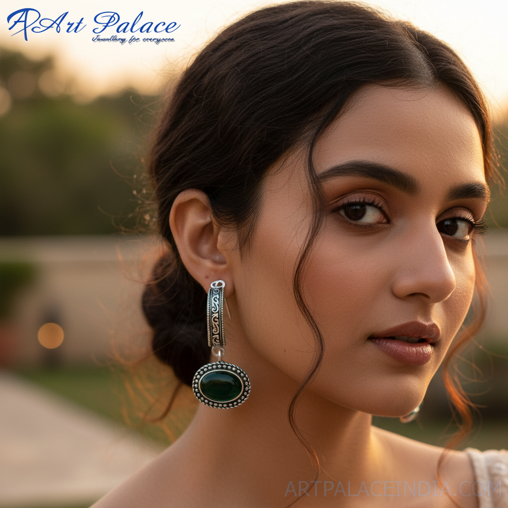 925 Silver Green Onyx Drop Earrings for Women | Gift