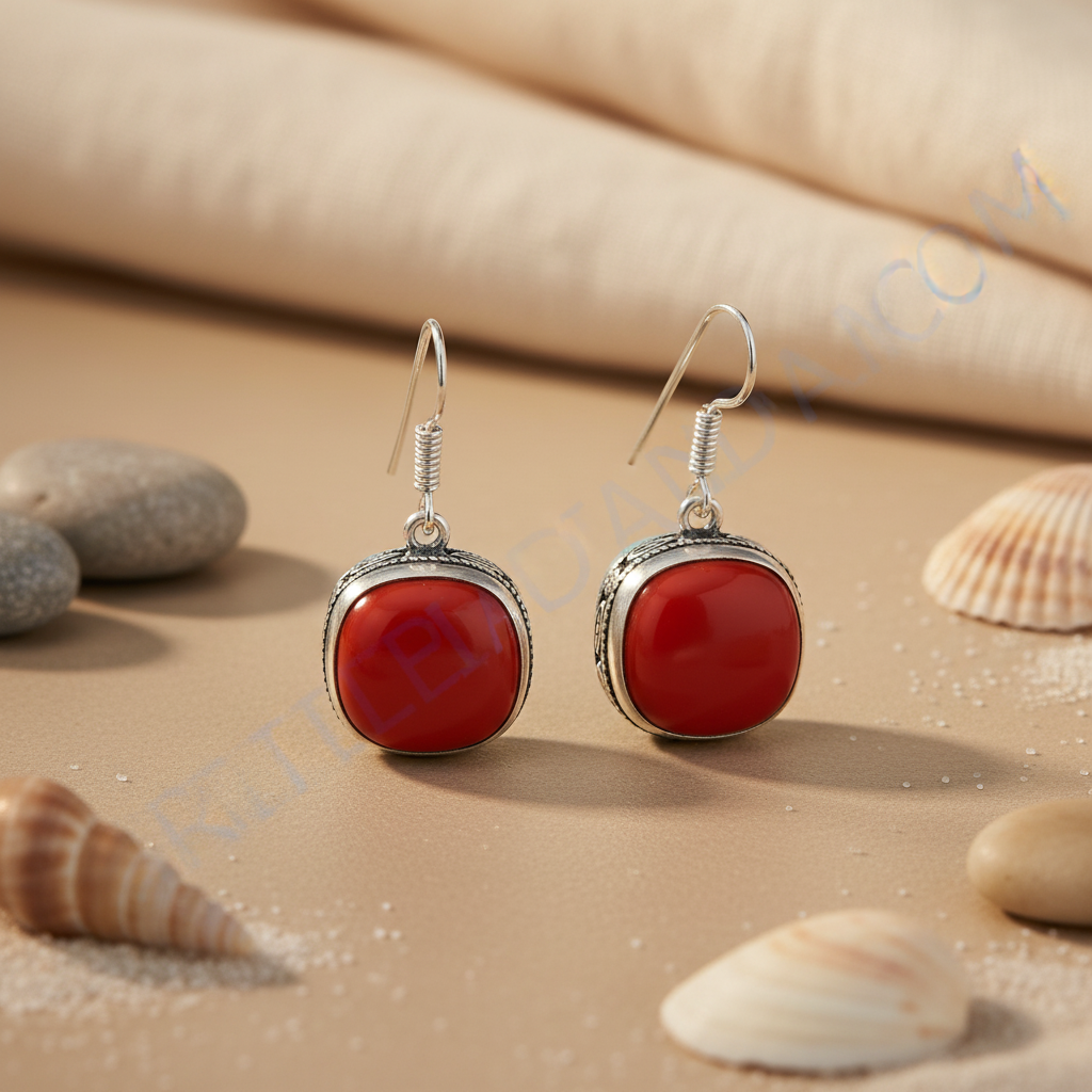Silver drop earrings featuring red coral and turquoise gemstones for women.