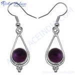 Load image into Gallery viewer, 925 sterling silver drop earrings with a round purple amethyst gemstone in the center
