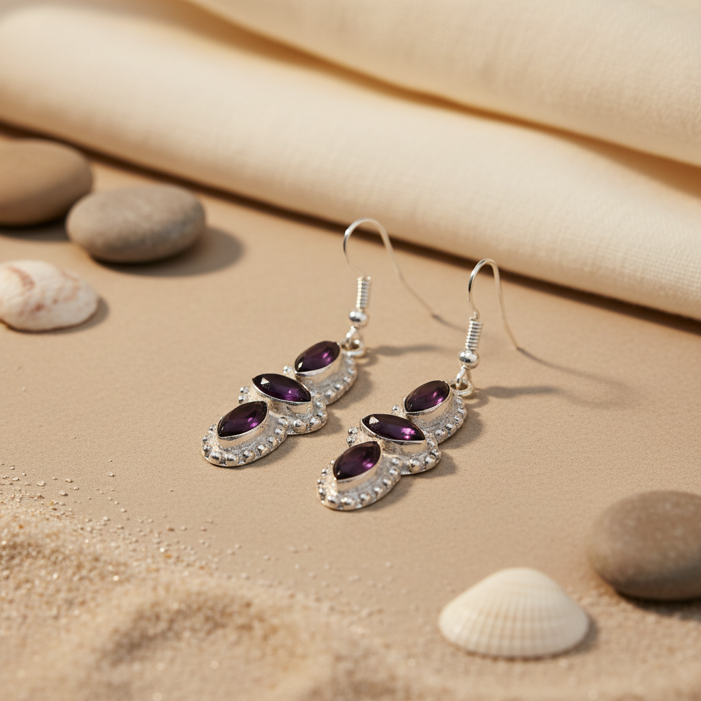 925 sterling silver drop earrings with oval and marquise cut purple amethyst gemstones.