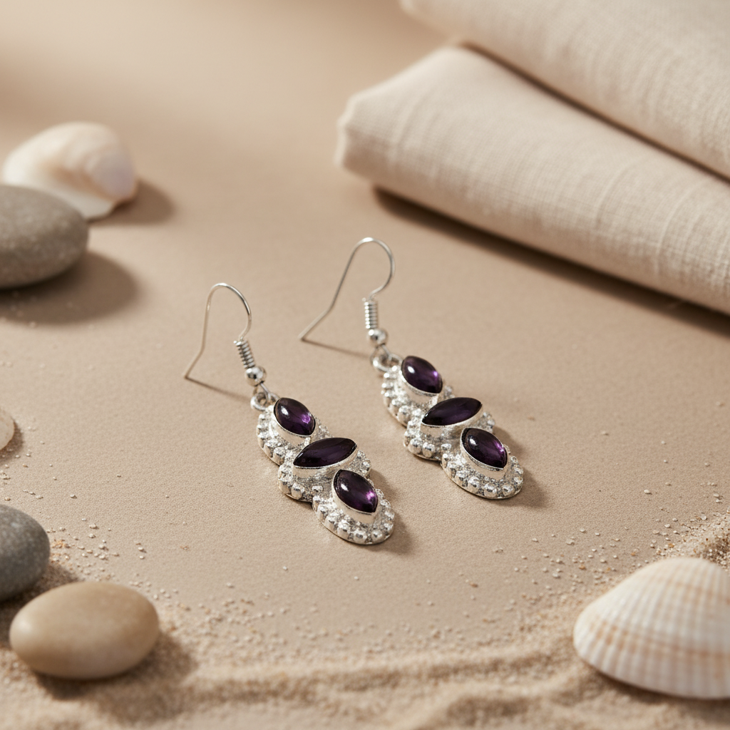 925 Silver Amethyst Drop Earrings for Women | Gemstone Jewelry