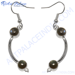 Load image into Gallery viewer, Sterling silver dangle earrings with round labradorite gemstones, a subtle play of colors, perfect everyday jewelry.
