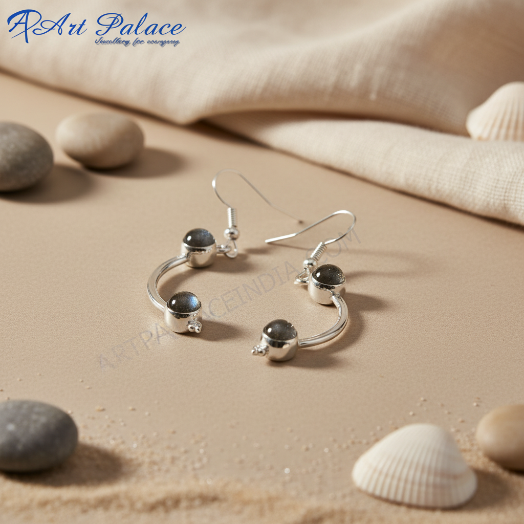 Sterling silver dangle earrings with round labradorite gemstones, a subtle play of colors, perfect everyday jewelry