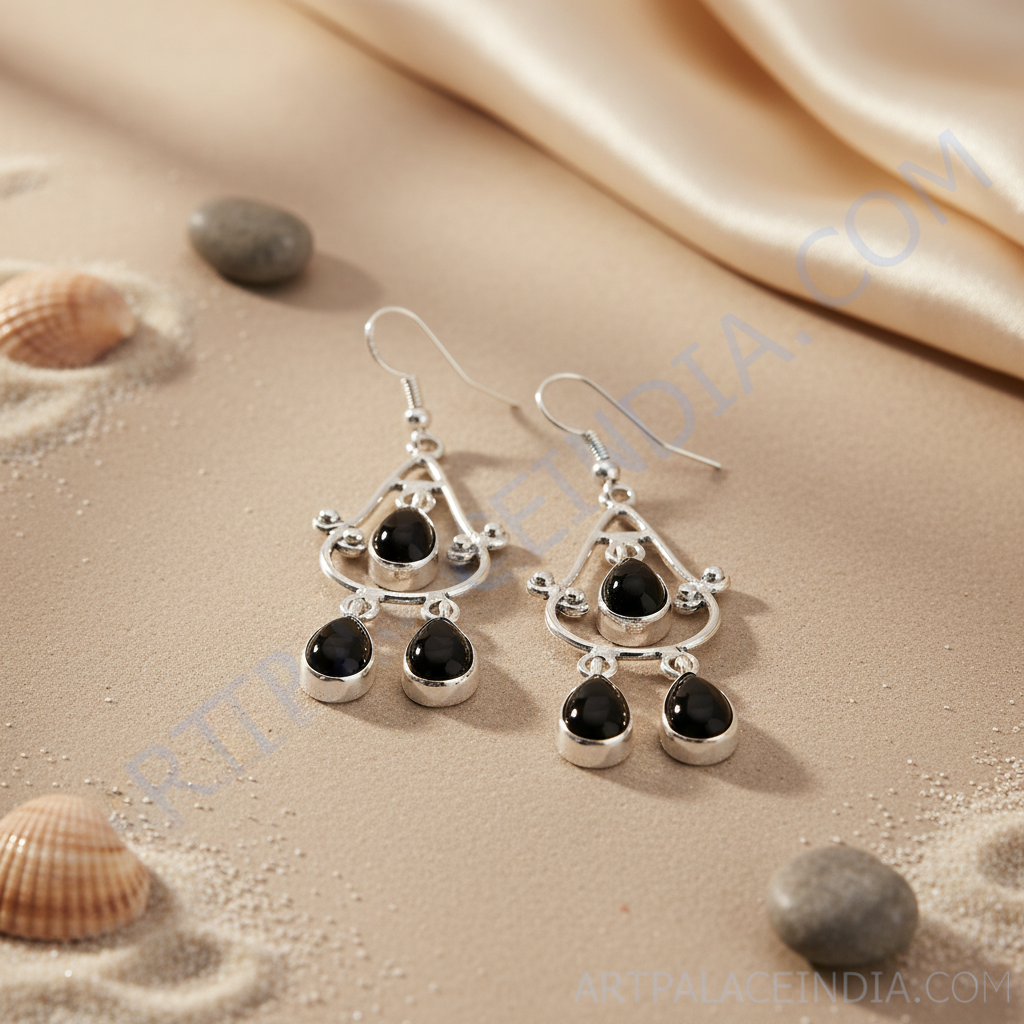 925 silver dangle earrings with black onyx teardrop gemstones, elegant women's jewelry.