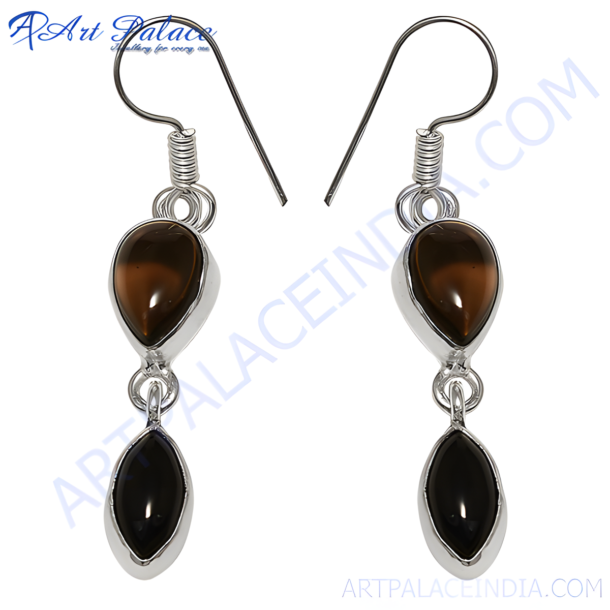925 sterling silver drop earrings with brown smoky quartz and black onyx gemstones