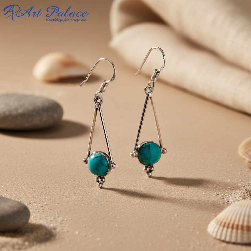 925 sterling silver drop earrings featuring turquoise gemstones. Stylish and colorful women's earrings.