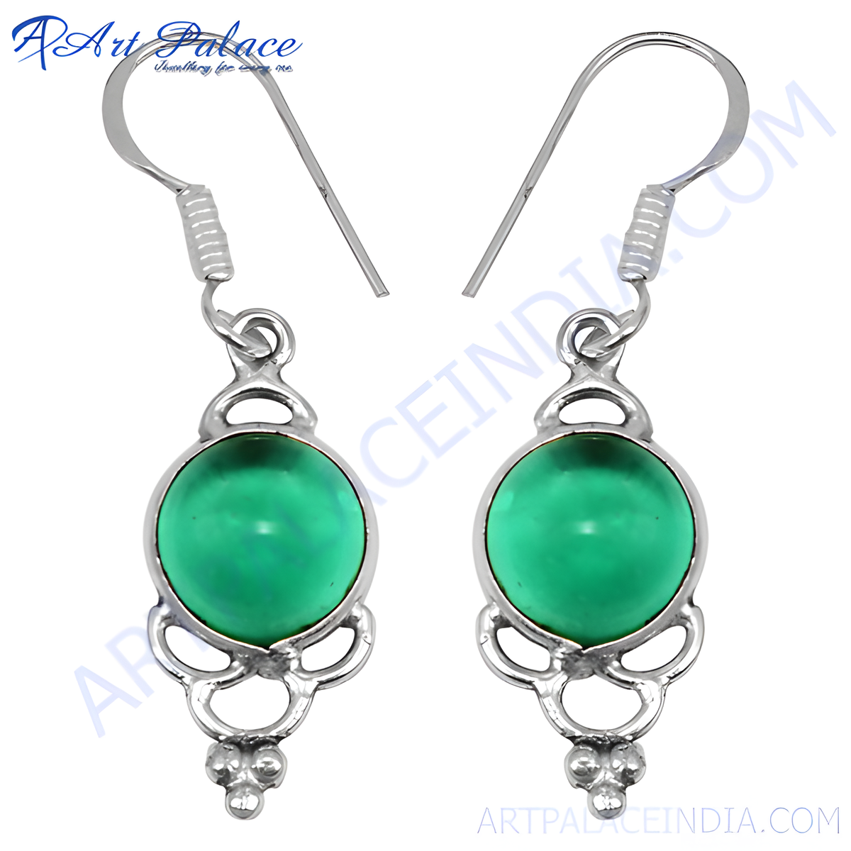925 sterling silver drop earrings with a round green gemstone in a silver setting, for women