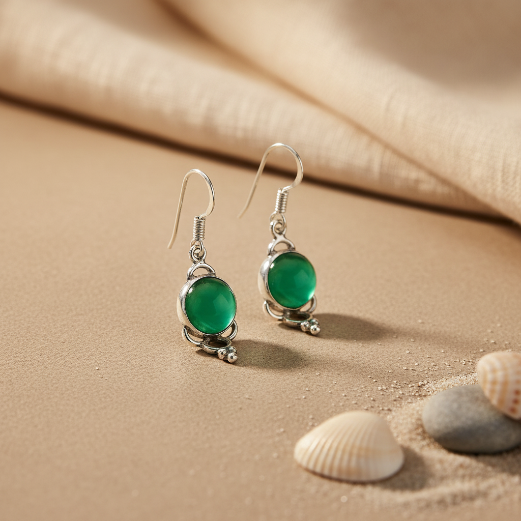 925 sterling silver drop earrings with a round green gemstone in a silver setting, for women.