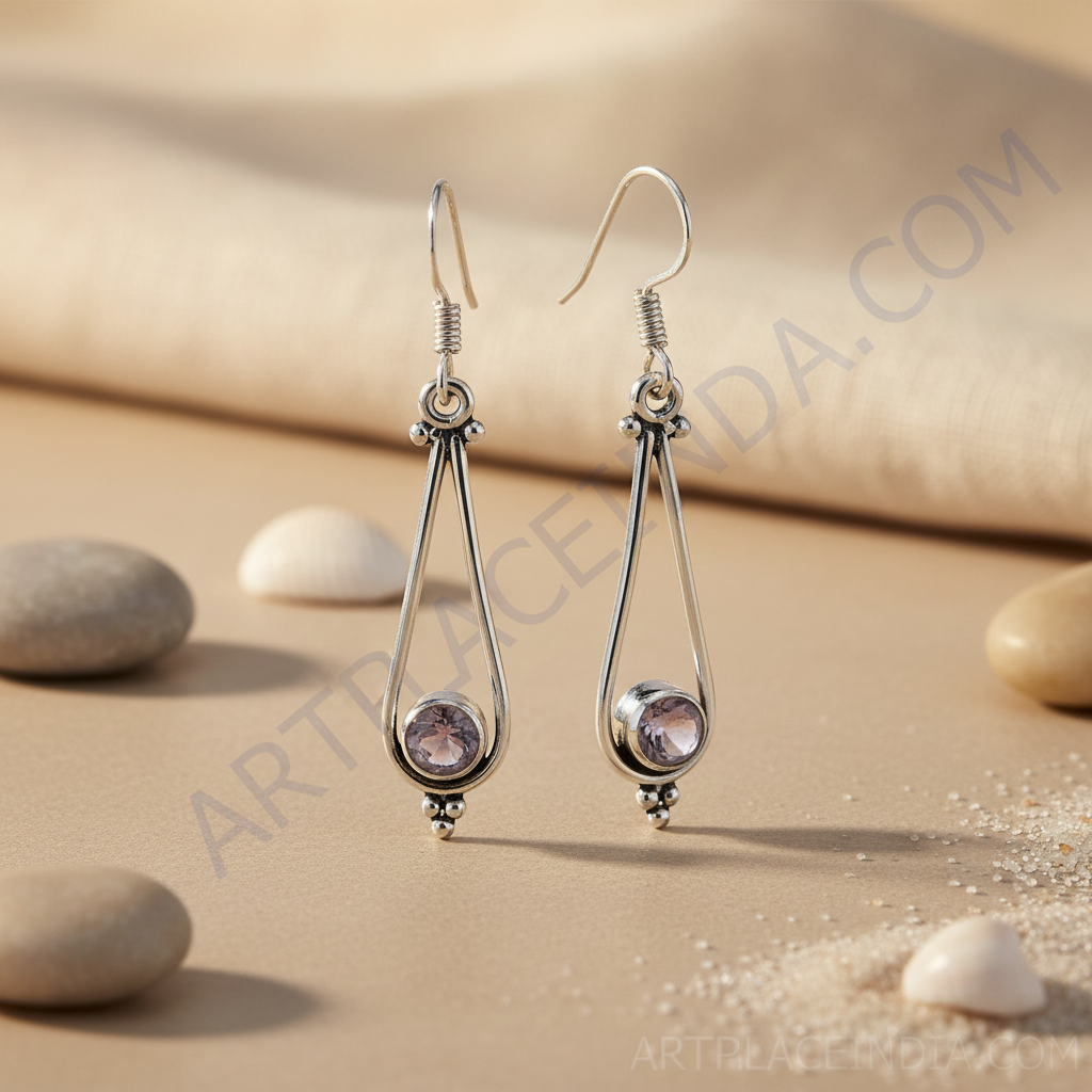 925 sterling silver teardrop earrings with a round pink gemstone set in the center. Dangle design for women.